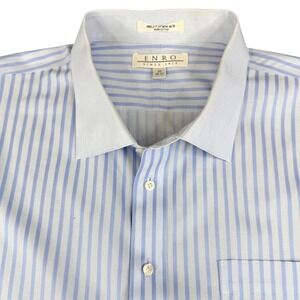 Enro Mens Blue White Striped Non-Iron Cotton Dress Shirt 20 36-37 Herringbone